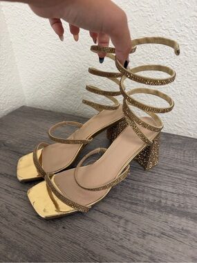 Wild Diva Metallic Gold Spiral Strap Block Heels
